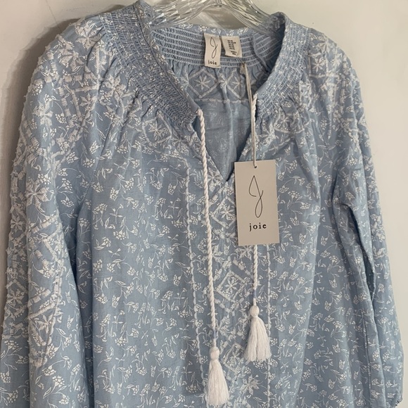 New Joie Embroidered Bohemian V neck tassel top sky blue xs nwt - Picture 3 of 6